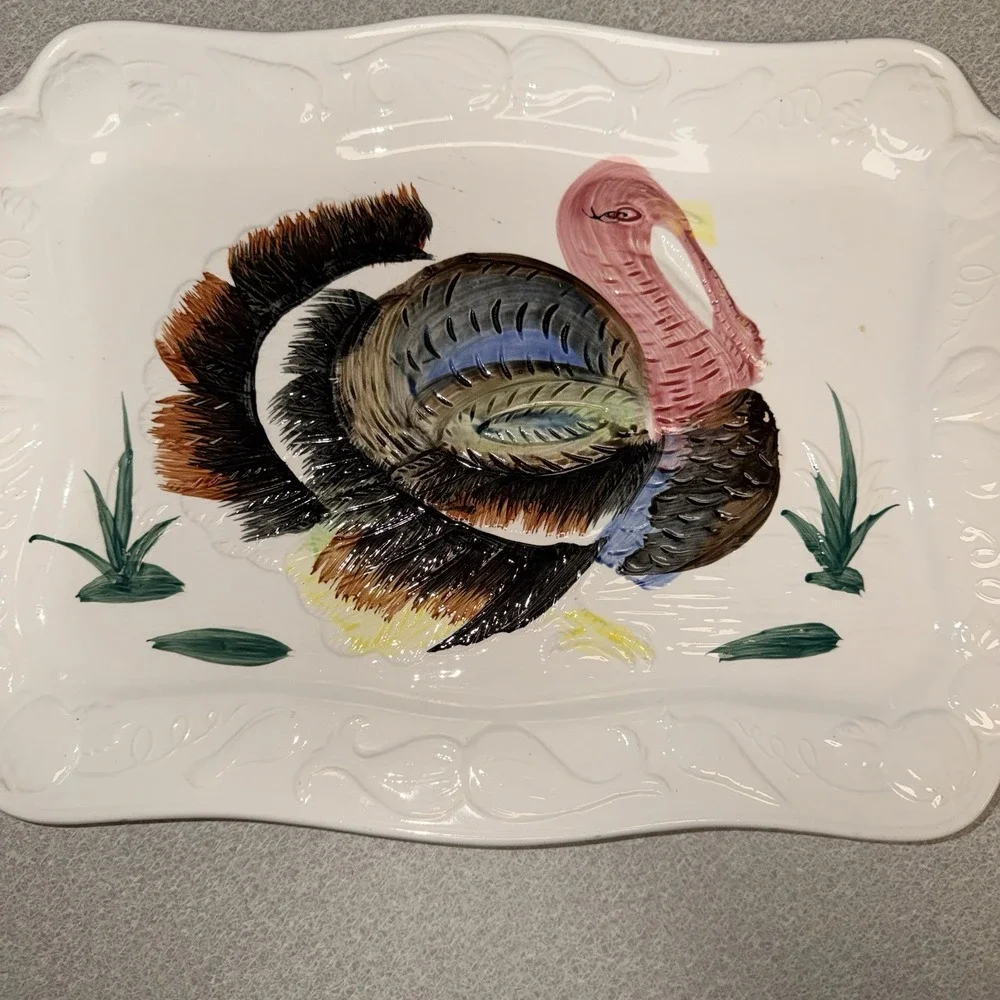 Turkey Embossed Vtg Hand Painted Colorful Ceramic Thanksgiving Tray Platter Fall